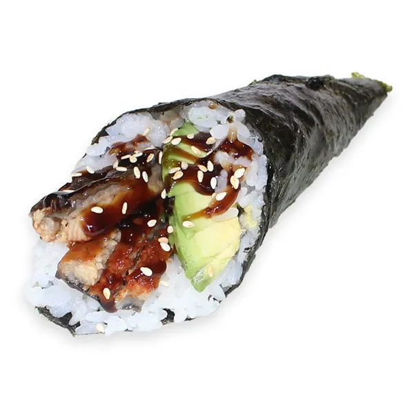 Anguila con aguacate, salsa teriyaki